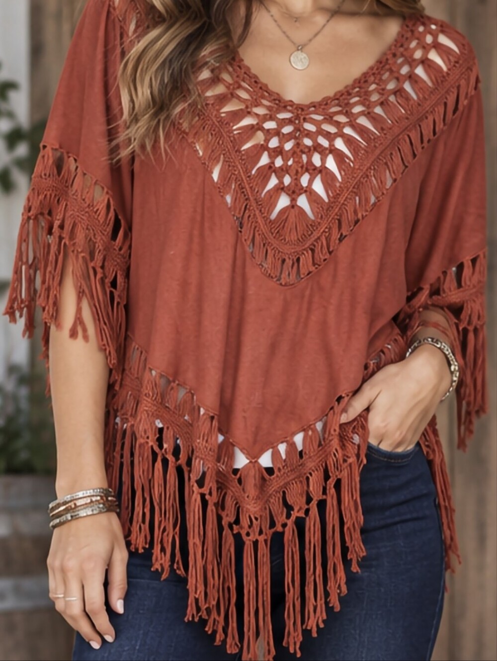 Daytrip Rust Crochet Fringe Poncho Top Medium Western Boho Festival